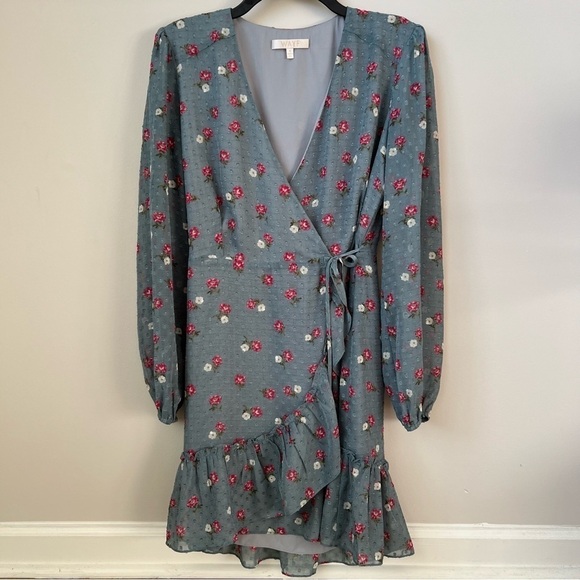 Wayf Eloise Floral Wrap Dress Clip Dot Ruffle Long Sheer Sleeve Tulip Hem Sz S - Picture 3 of 14